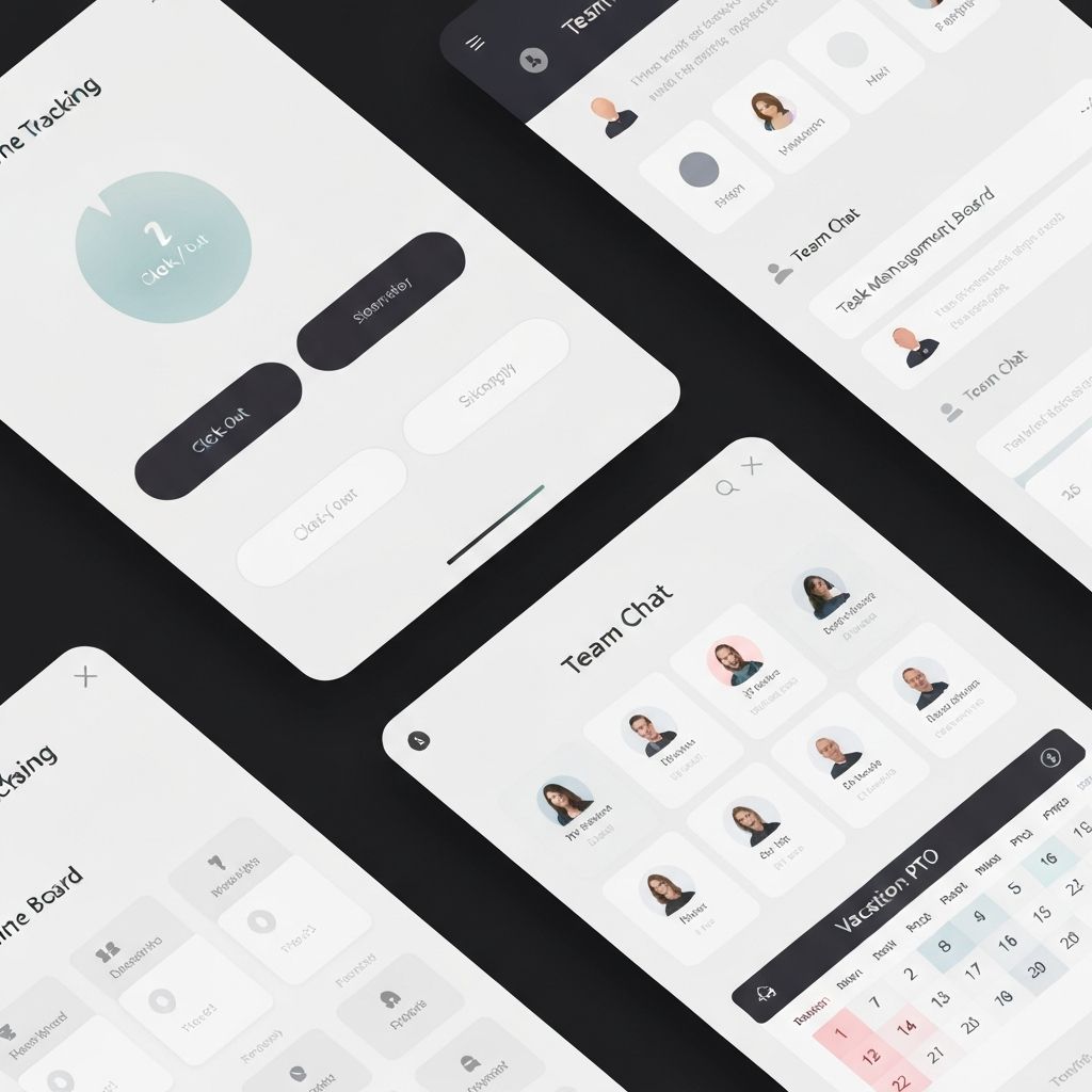 Booming App feature screens showing time tracking, messaging, and task management